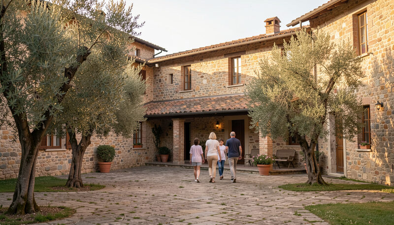 Cortile in pietra di un casale umbro al tramonto con ulivi e portico in legno sotto il Subasio.