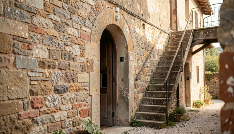 Muri in pietra levigata, portale ad arco e scala esterna di un antico casale umbro restaurato.