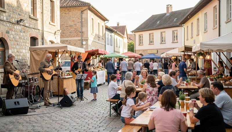 Piazza di paese in festa con musicisti popolari, bancarelle e famiglie a lunghe tavole di legno.