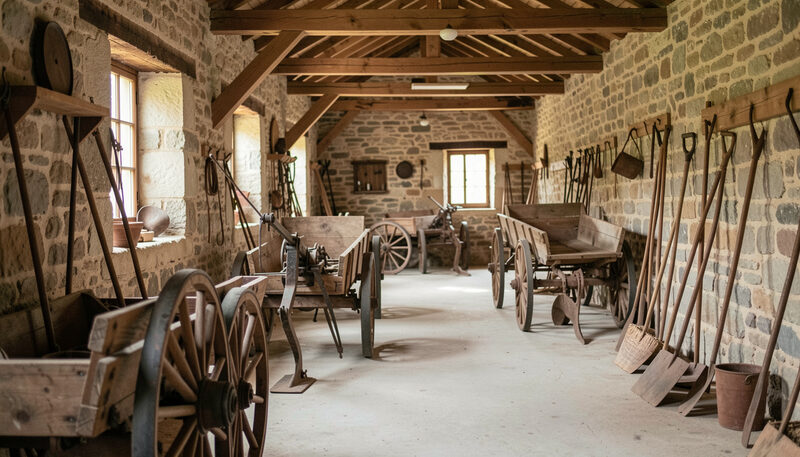 Sala di una piccola pinacoteca di paese con quadri ottocenteschi alle pareti, panca di legno e luce da una finestra laterale.